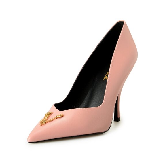 Versace Women's Gold V-Logo Dark Rose 100% Leather Heeled Pumps Shoes US 6 IT 36